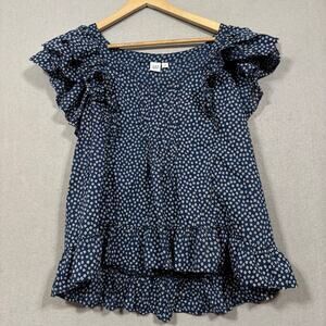 Gap Navy Blue Flower Print  Large Flutter Sleeve Ruffles Cottagecore Boho Girly